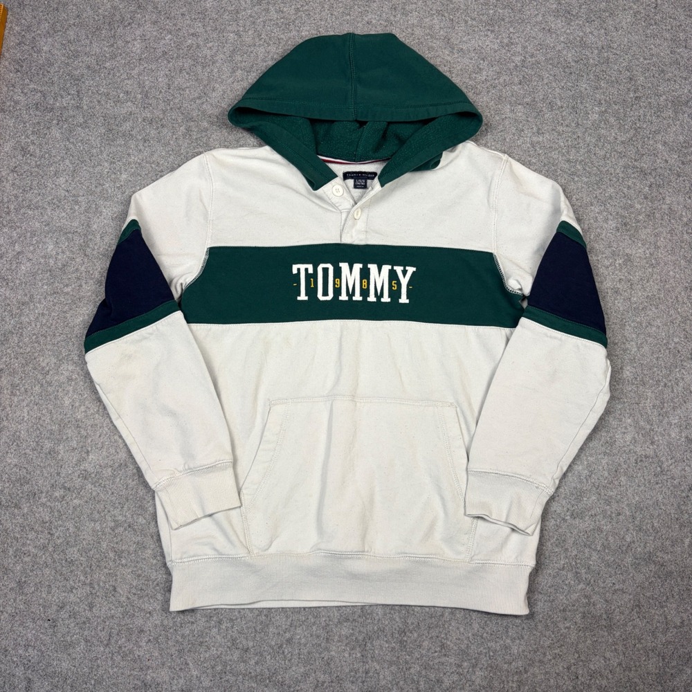 Tommy Hilfiger Boys L 14/16 Hoodie Colorblock Henley Sweatshirt White Green Navy